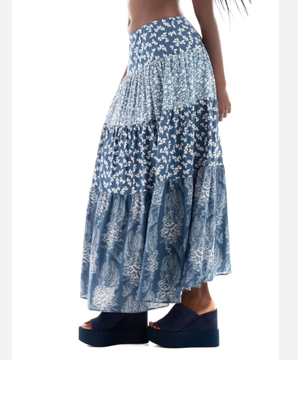 Ralph Lauren Navy and White Tiered Floral Maxi Skirt